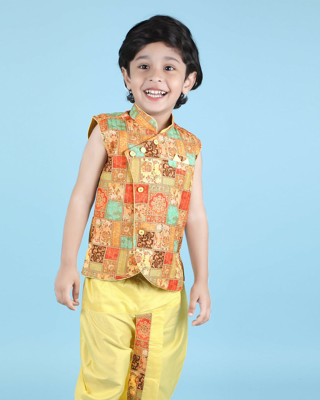 Joban Fashion Kids Island Cotton Sleeveless printed Kurta and Solid Dhoti - Yellow - Distacart