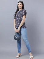 Myshka Women Charcoal Grey Peach-Coloured Floral Print Tie-Up Neck Georgette Top - Distacart