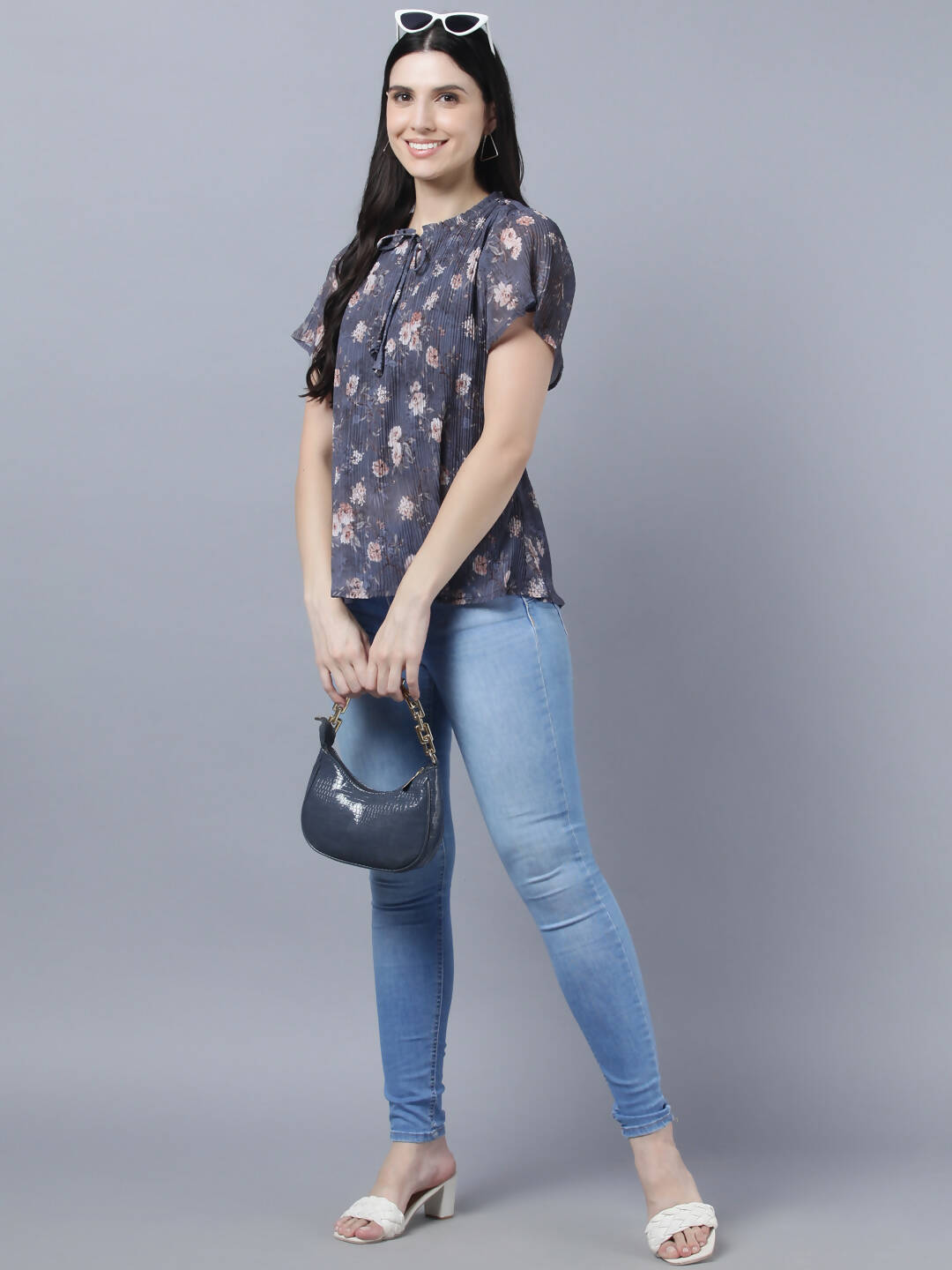 Myshka Women Charcoal Grey Peach-Coloured Floral Print Tie-Up Neck Georgette Top - Distacart
