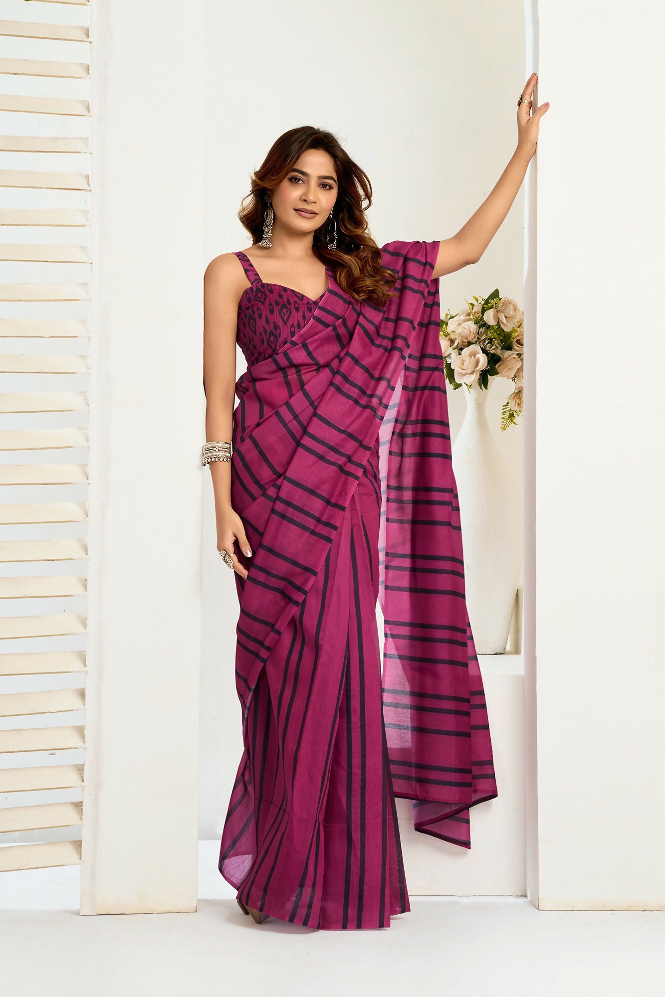 Vastranavya Magenta Digital Printed Linen Ready To Wear Designer Saree with Unstitched Blouse - Distacart