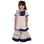 Little Bansi Girls Cream & Indigo Mirror work Kurta Frock with Sharara & Dupatta