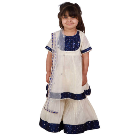 Little Bansi Girls Cream & Indigo Mirror work Kurta Frock with Sharara & Dupatta
