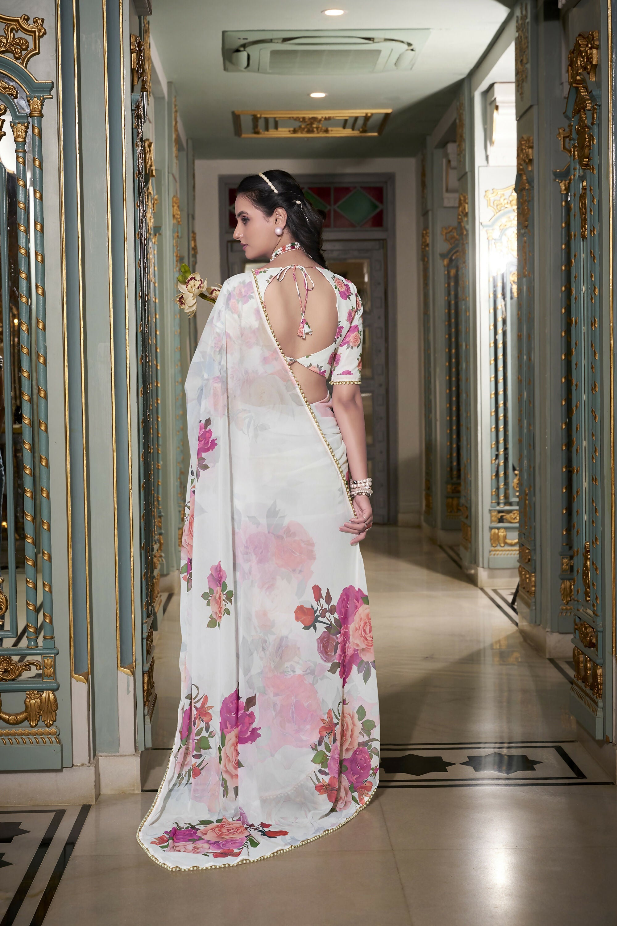 Vastranavya White Spectacular Georgette Printed with Pearl Lace Saree with Unstitched Blouse - Distacart