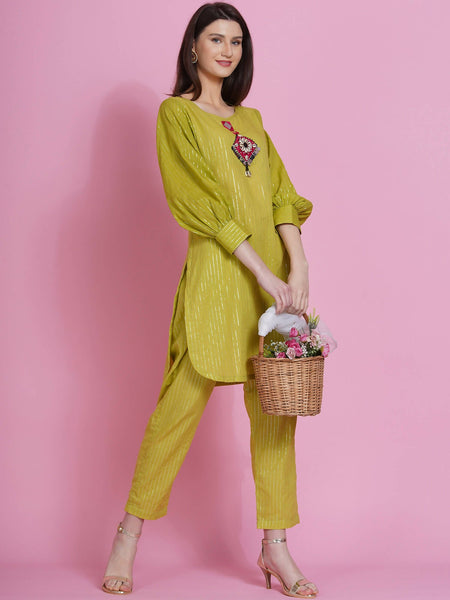 Women Republic Green Lurex Cotton Hand Embroidered Kurta With Pants