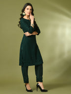 Myshka Women's Green Embroidered Cotton Straight Party Kurta Set