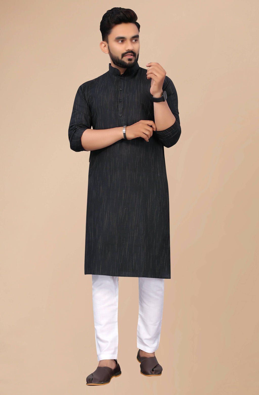 Indian Clothing Men's Black Striped Cotton Kurta - Mahotsav
