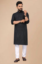 Indian Clothing Men's Black Striped Cotton Kurta - Mahotsav