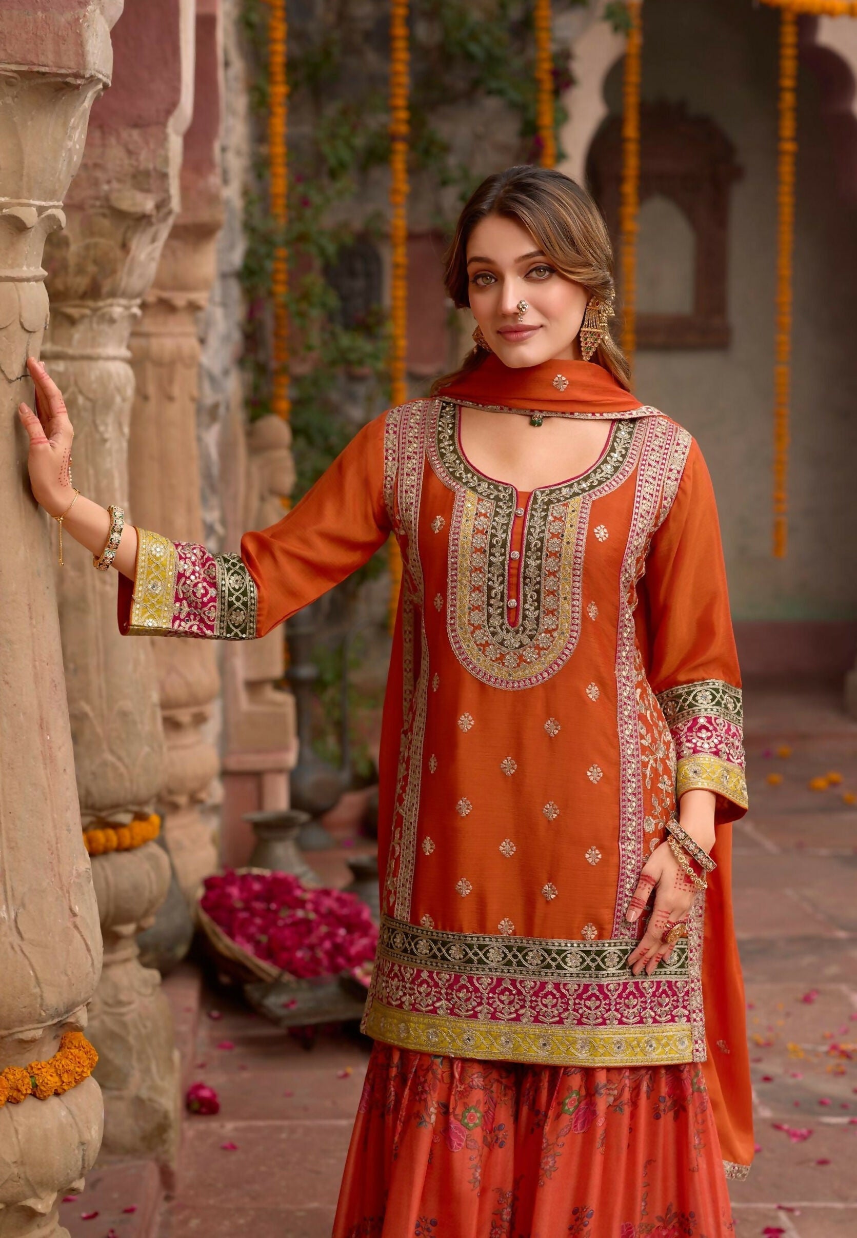Anaita Orange Chinon Readymade Palazzo Suit with Codding Dori & Sequence Work - Distacart