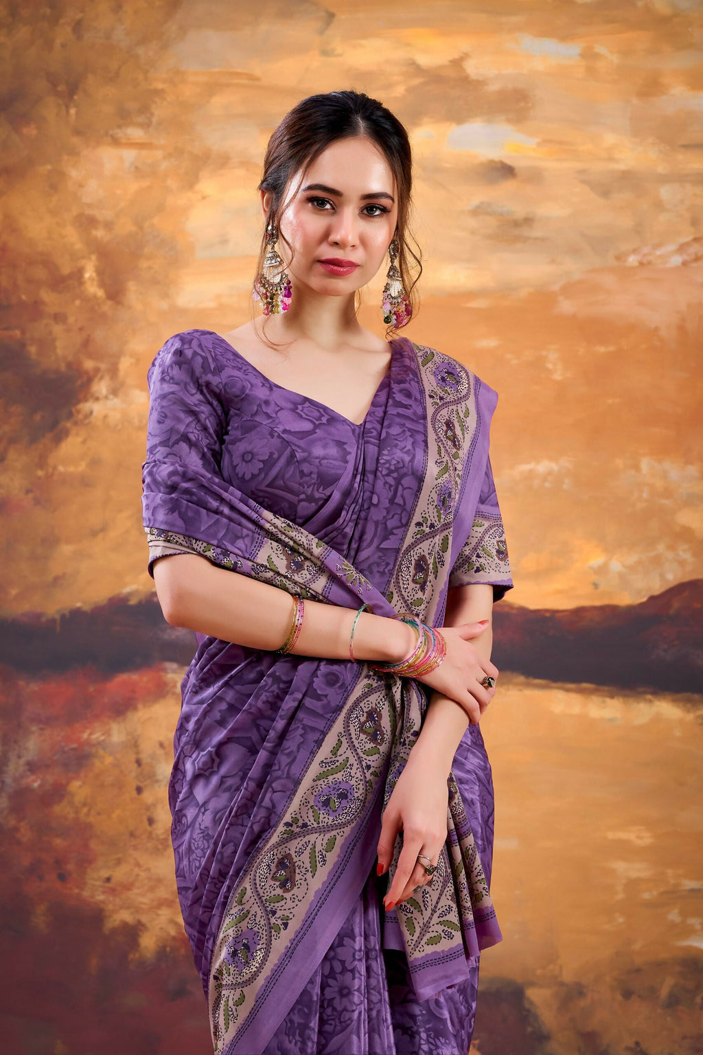 Vastranavya Purple Crepe Printed Saree with Unstitched Blouse - Distacart