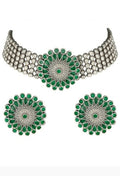 Mominos Fashion Johar Kamal Oxidised Silver-Plated Brass Finish Kundan Choker For Women (Green) - Distacart
