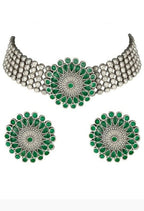 Mominos Fashion Johar Kamal Oxidised Silver-Plated Brass Finish Kundan Choker For Women (Green) - Distacart