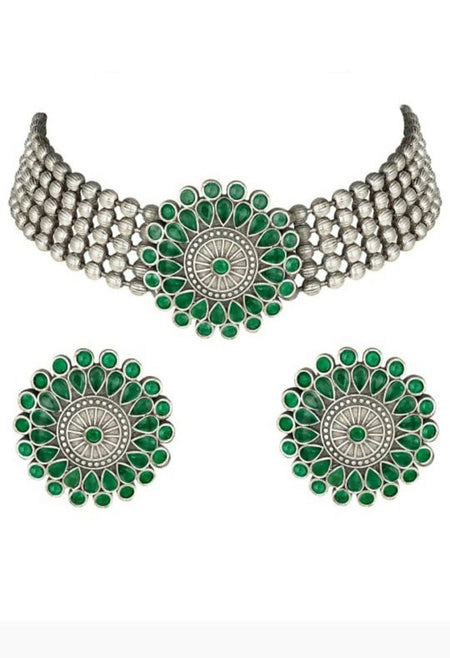 Mominos Fashion Johar Kamal Oxidised Silver-Plated Brass Finish Kundan Choker For Women (Green)
