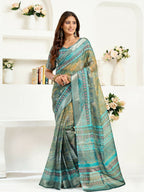 Joban Fashion Petrol Ethinic Motifs Linen Ready To Wear Saree With Unstitched Blouse - Distacart