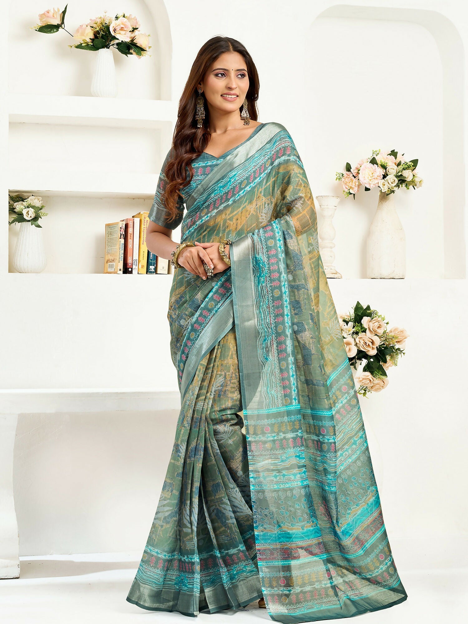 Joban Fashion Petrol Ethinic Motifs Linen Ready To Wear Saree With Unstitched Blouse - Distacart