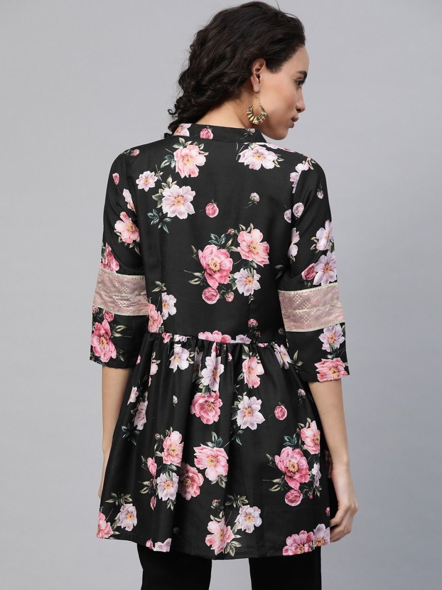 Ahalyaa Women Black Rayon Floral Print Tunic