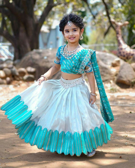 Jyoti Fashion Classy Sky Blue Heavy Chenille Sequins Embroidered Kids Lehenga Choli Set