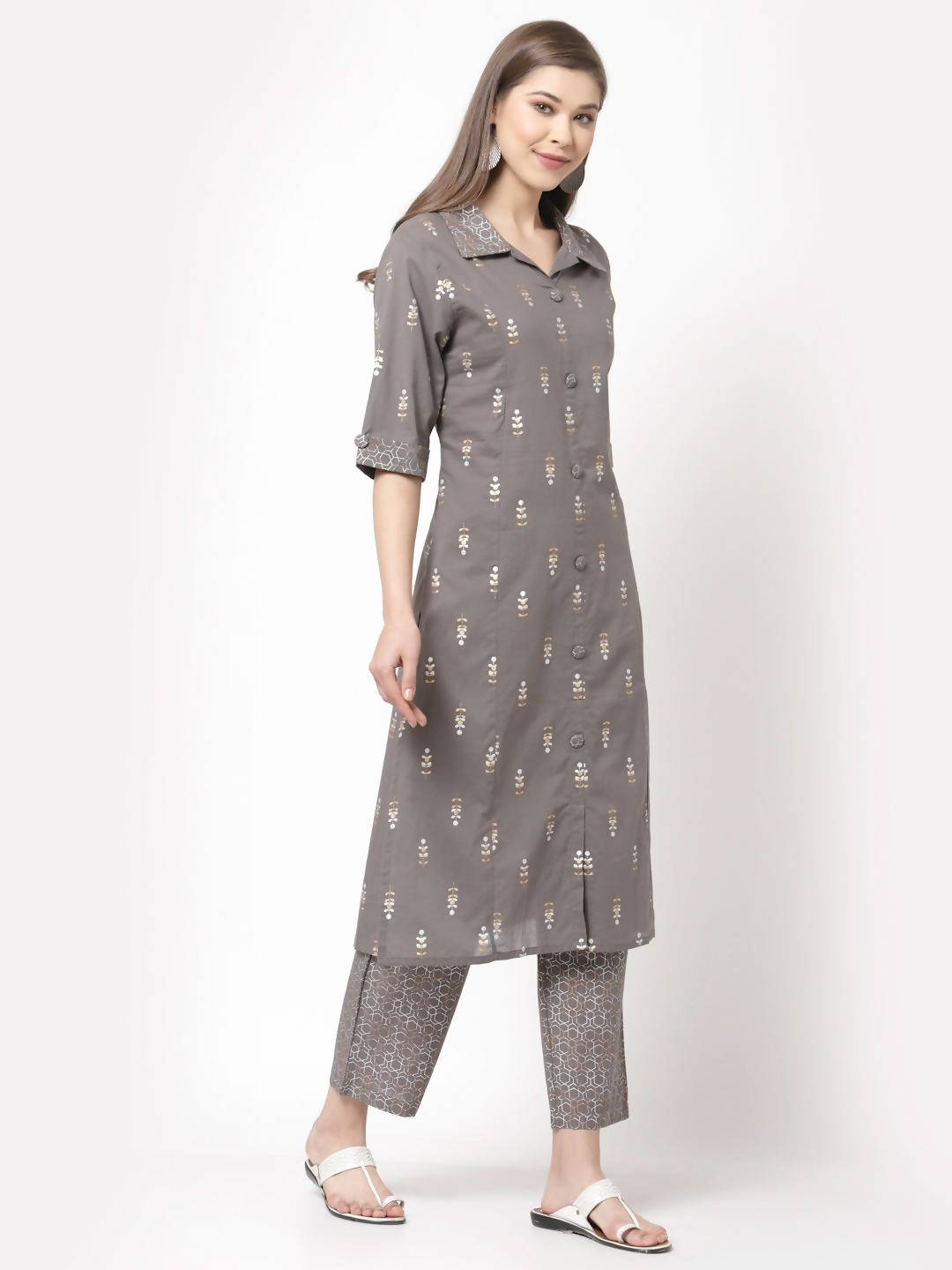 Myshka Women's Grey Cotton Printed Half Sleeve Casual Kurta & Palazzo Set