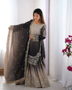 The52 Women's Beautiful Chinon silk Fabric Embroidery Work Straight Kurta Palazzo and Dupatta Set - Distacart