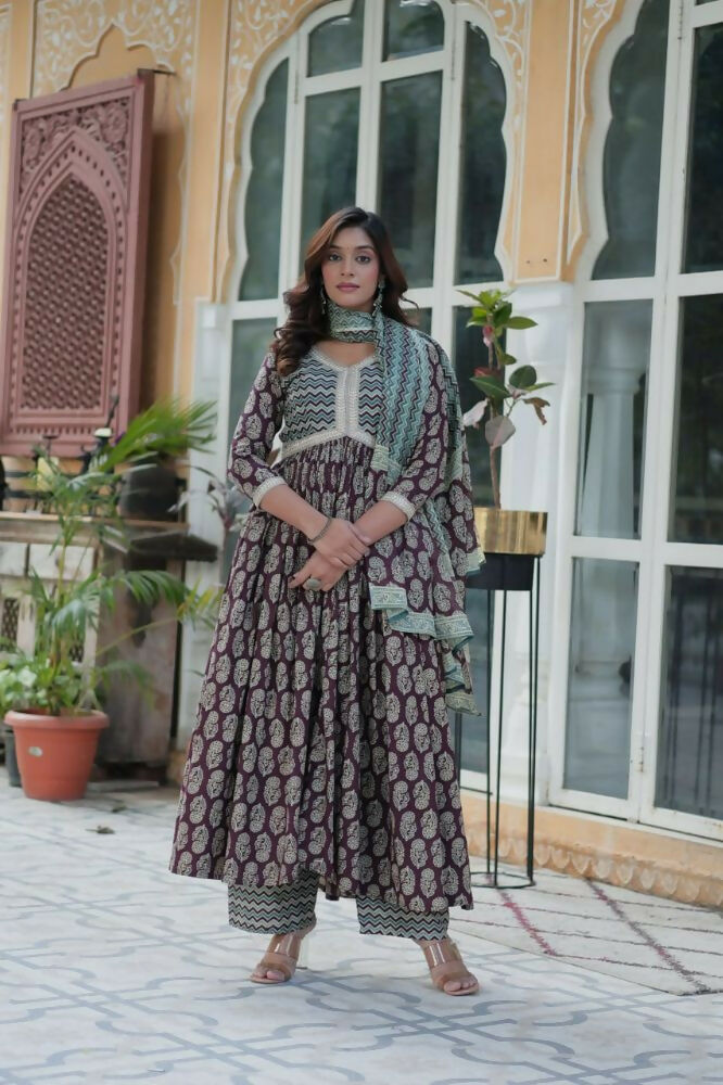 Vastranavya Wine Pure Cotton Printed Top with Pant & Dupatta Set