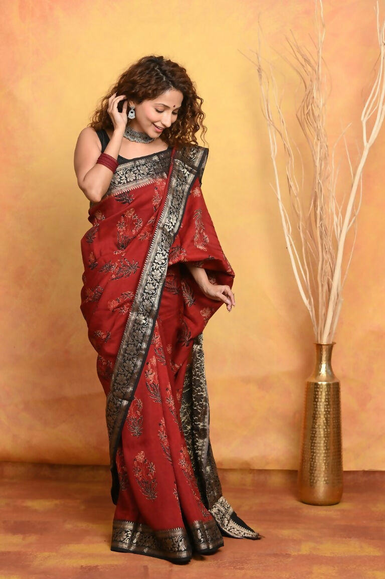 Very Much Indian Modal Silk Ajrakh Handblock Printed Natural Dyes With Designer Border Saree - Red