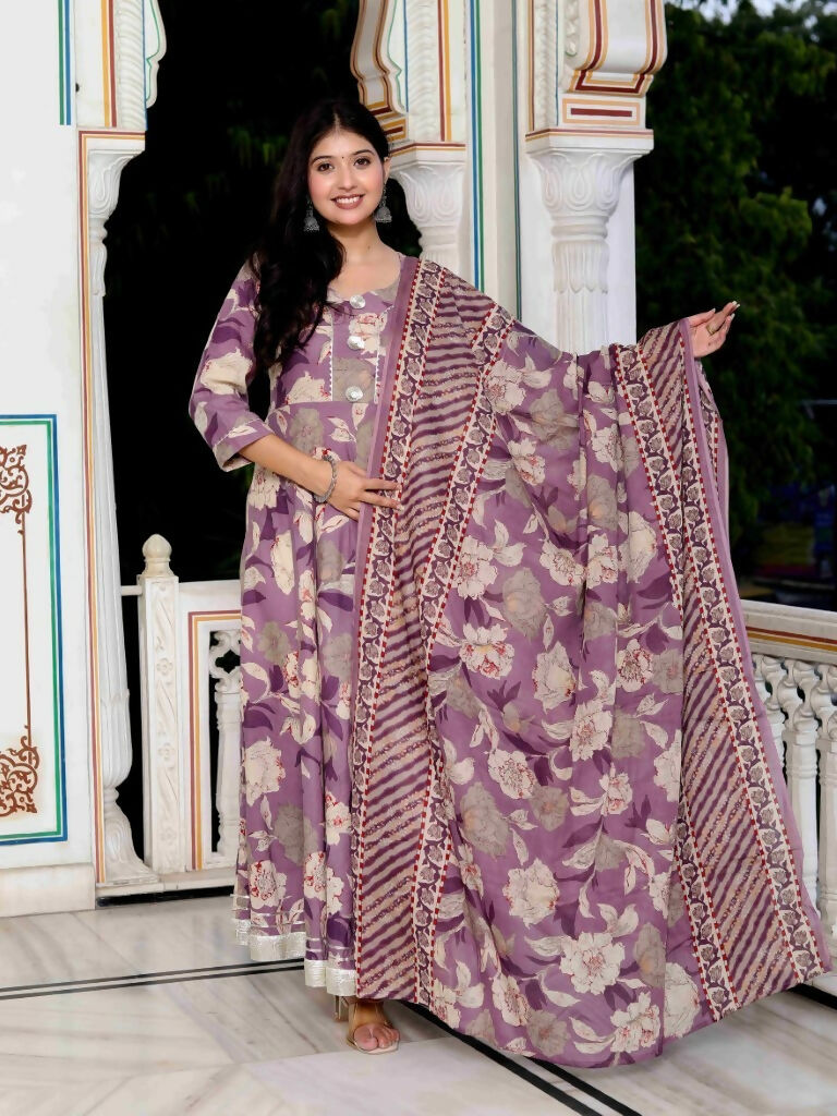 Miravan Women's Purple Flower Printed With Lace Border Anarkali Kurta With Dupatta Set