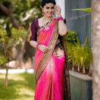 DEIANA'S Beautiful Designer Golden zari Soft Lichi Silk Saree - Pink