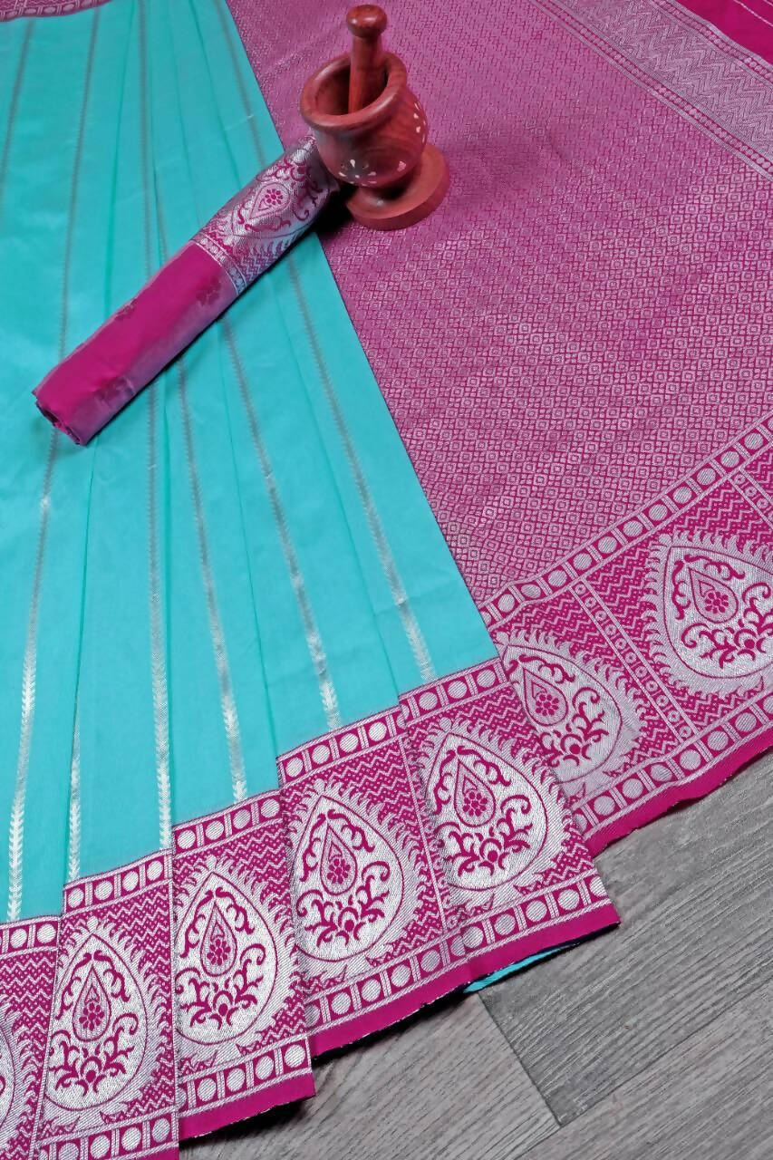 DEIANA'S Beautiful Designer Golden zari Soft Lichi Silk Saree - Blue