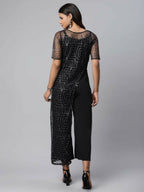 Ahalyaa Womens Black Crepe & Net Glitter Print Jumpsuit - Distacart