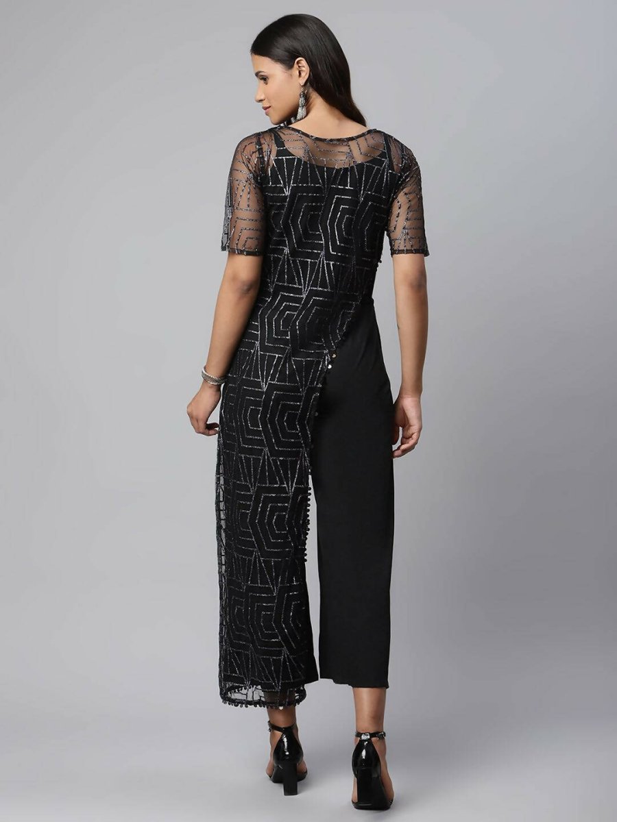 Ahalyaa Womens Black Crepe & Net Glitter Print Jumpsuit - Distacart
