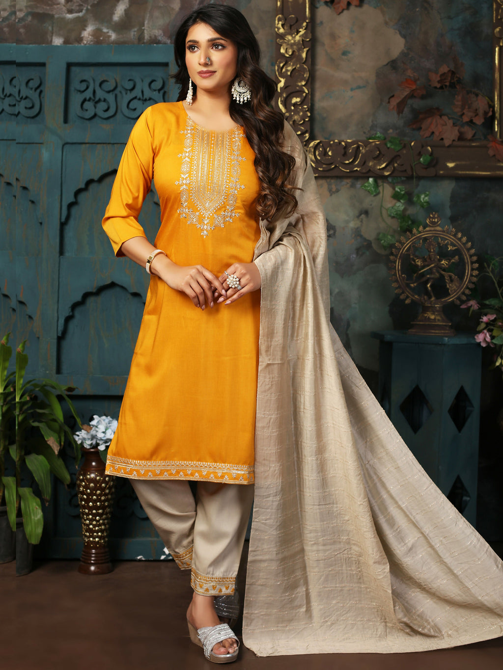 Vamika Chinon Embroidery Mustard Party Wear/Casual Wear/Office Wear Kurta Set/Suit