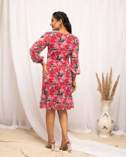 FIORRA Women's Red & Pink Georgette Floral Printed Western Dress - Distacart