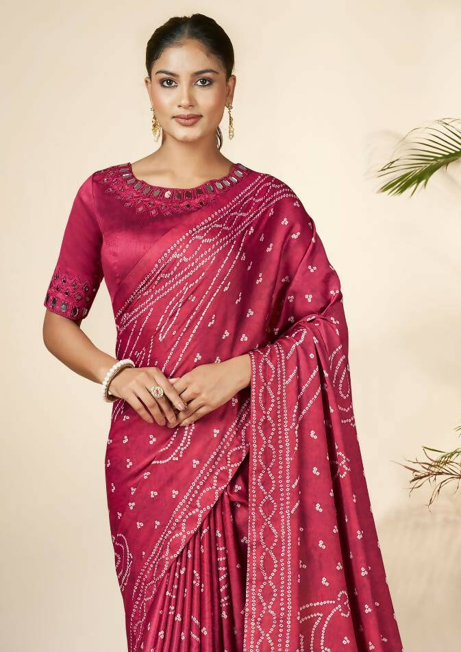 Pink Gajji Silk Bandhani Print with Mirror hand work Saree - Norita Nirvi