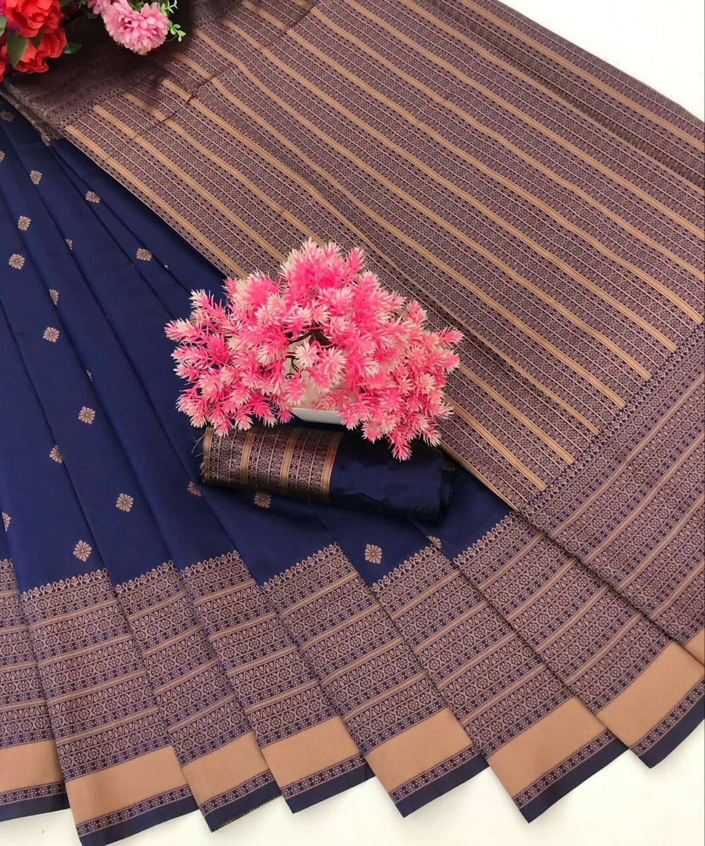 DEIANA'S Beautiful Designer Golden zari Soft Lichi Silk Saree - Navy Blue