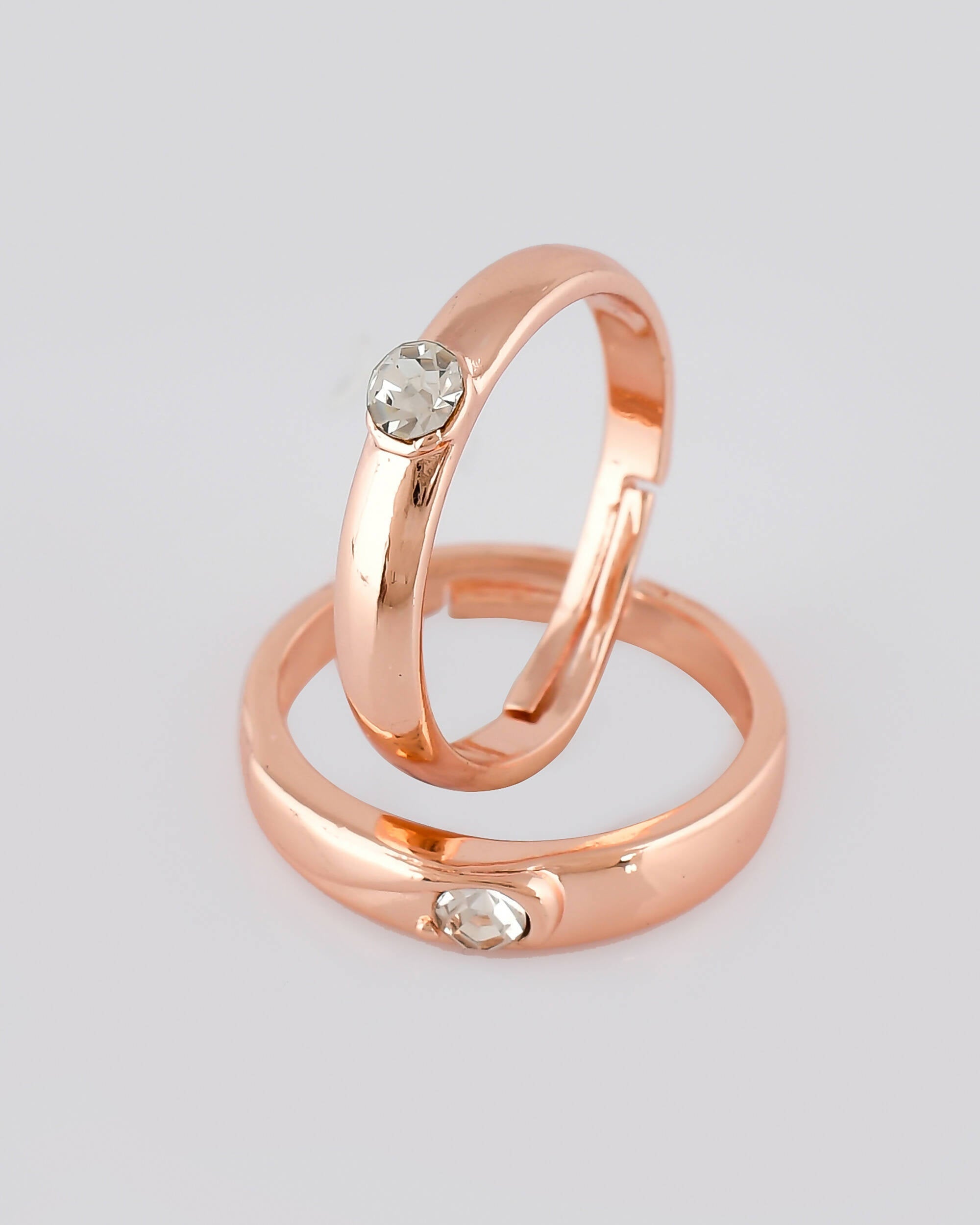VOJ Stainless Steel Cubic Zirconia Rose Gold-Polished Adjustable Ring Set for Couple