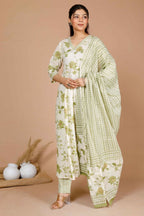 Miravan Women's Green Printed Anarkali Kurta With Palazzo And Dupatta