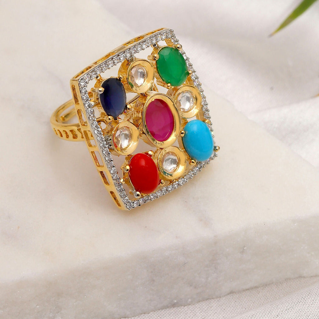 Navratan Kundan Ring (Multi Color) - Ruby Raang