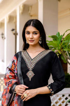 The52 Black Women's Beautiful Viscose Chanderi Fabric Embroidered Work Straight Kurta Pant and Dupatta Set - Distacart