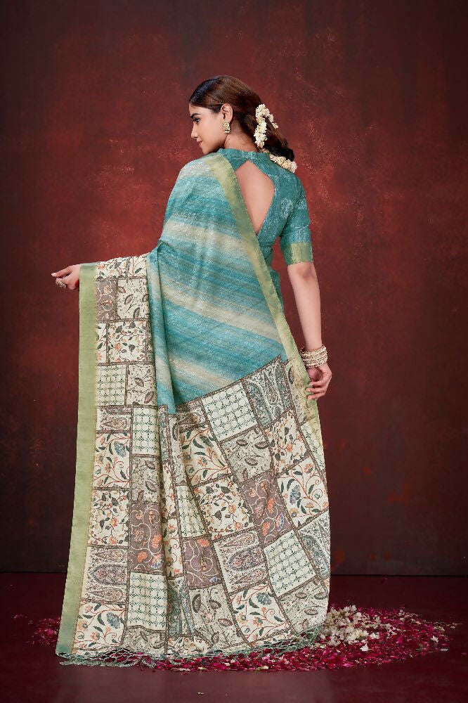 Sky Blue Poly Habotai Silk Foil Print Saree with Unstitched Blouse - Kathari