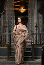 Very Much Indian VMI Exclusive Designer! Handloom Cotton Silk Saree With Sleek Golden Border - Warm Taupe