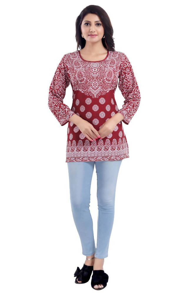 Snehal Creations Rust Faux Crepe Short Kurti Tunic