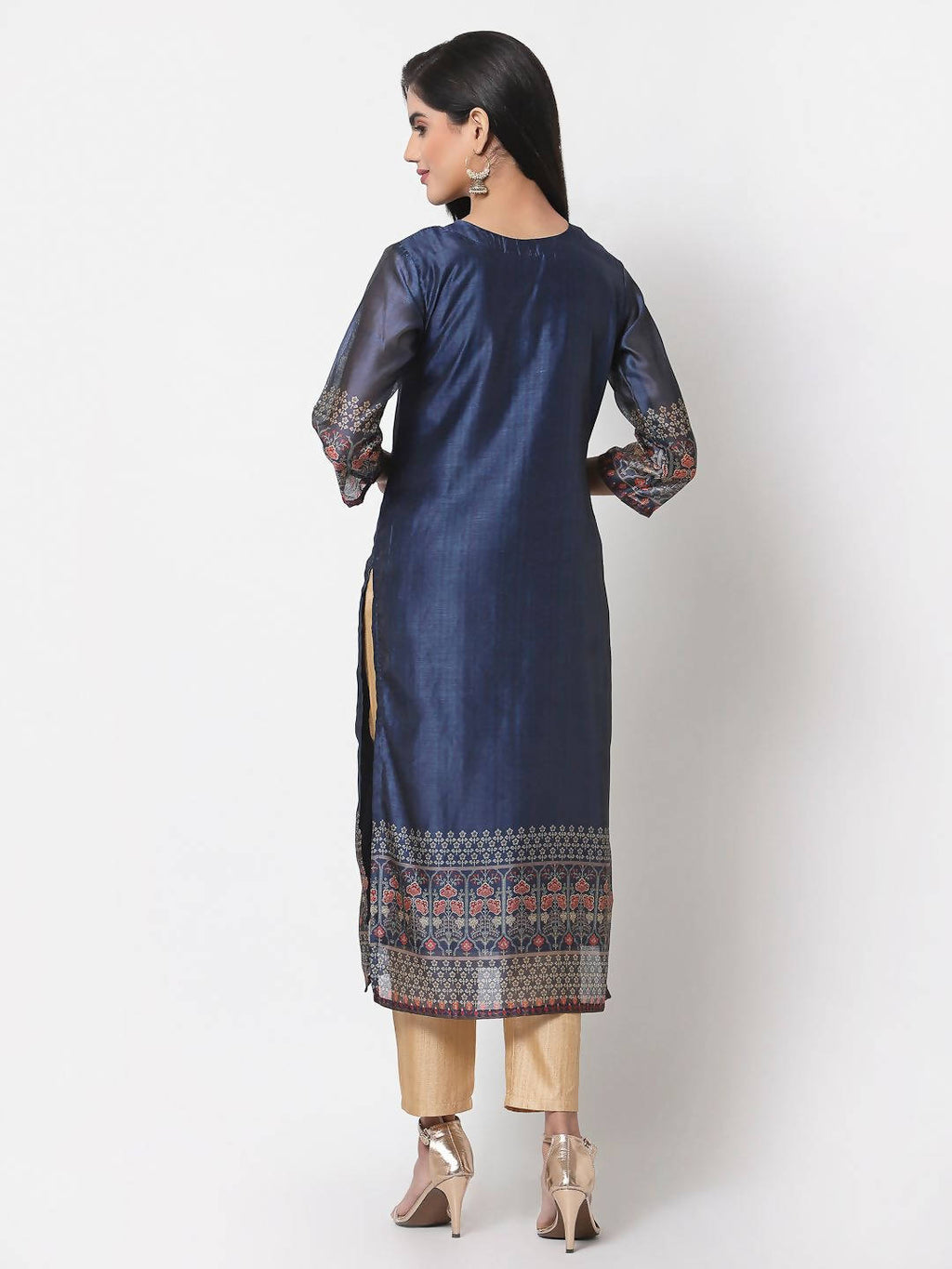 Myshka Navy Blue Printed Chanderi Silk 3/4 Sleeve Round Neck Casual Kurta