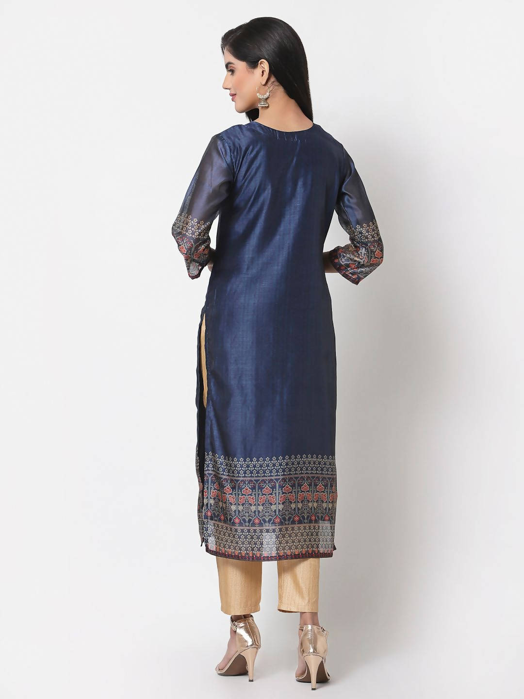 Myshka Navy Blue Printed Chanderi Silk 3/4 Sleeve Round Neck Casual Kurta