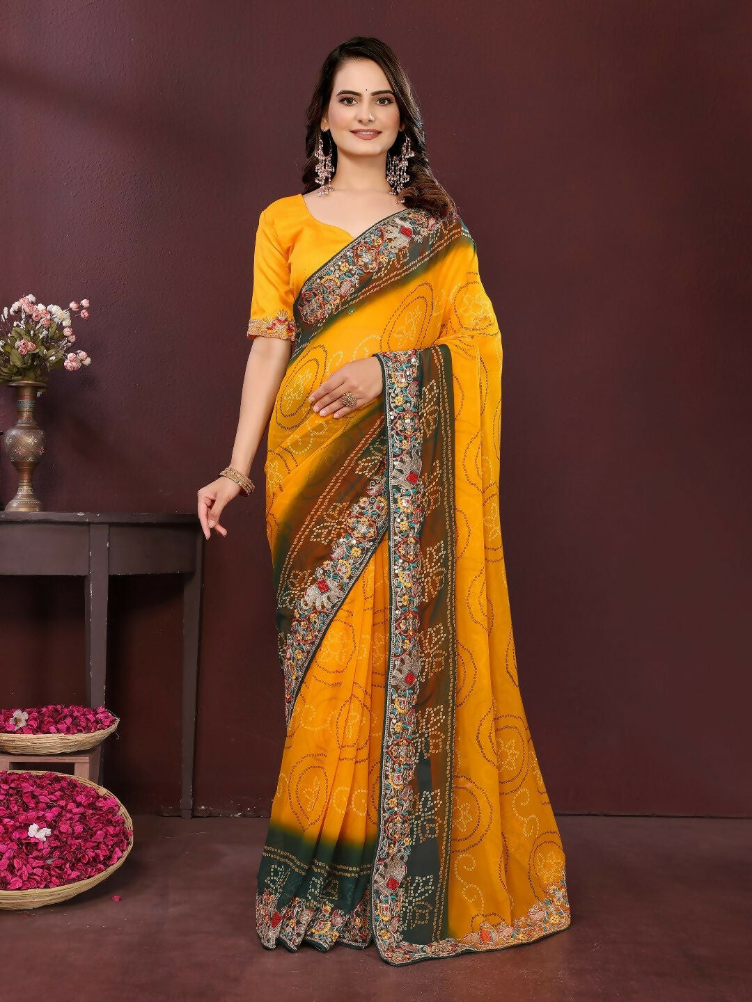 Ai Fashion Yellow Georgette Digital Print Party Wear Saree - Distacart