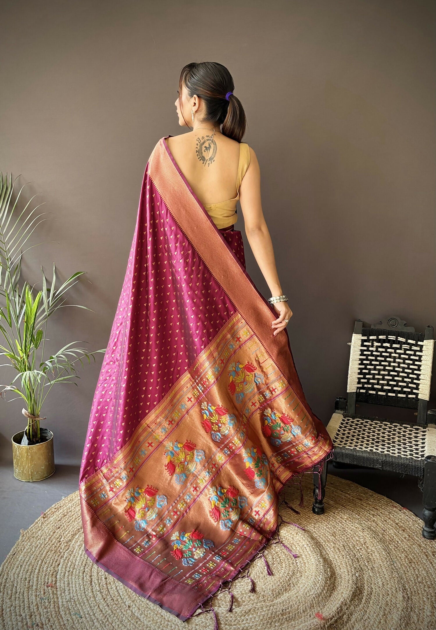 Joban Fashion Maroon Jacquard Butti Soft Lichi Silk Paithani Saree - Distacart
