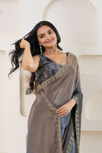 Grey Satin Pedding Designer, Printed Party Wear Ready To Wear Saree - Femina