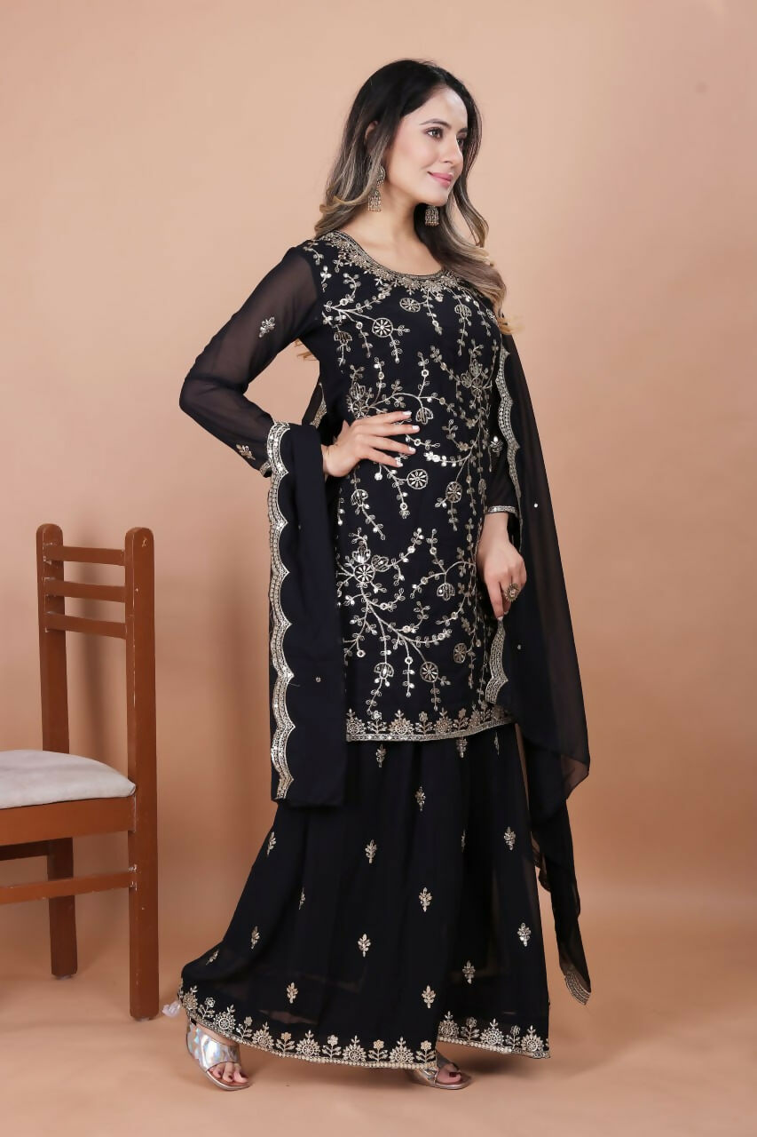 Joban Fashion Black Georgette Embroidered Sharara Set - Distacart