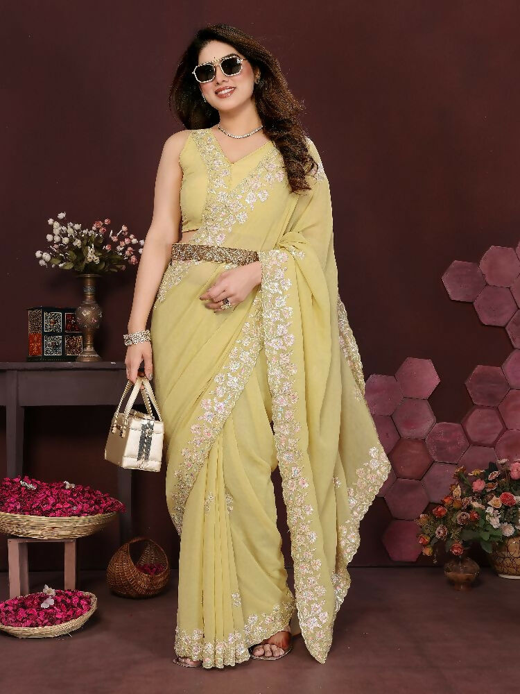 PR Fashion Yellow Georgette Embroidery Work With Embroidery Work Blouse Saree