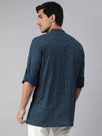 Janasya Men Navy Blue & Yellow Geometric Printed Kurta - Distacart