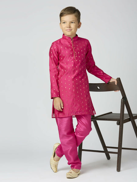 Joban Fashion Kids Island Full Sleeves Chanderi Kurta, Pyjama Set with Traditional Butta Work - Rani Pink