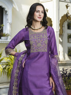 Vellora Royal Purple Silk Blend Embroidered Casual Suit for Women